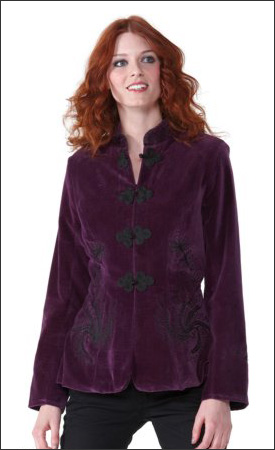 Purple Womens Velvet Fitted Jacket with Black Embroidery