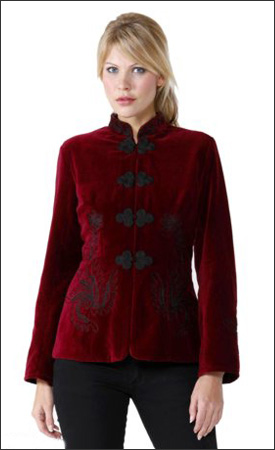 Red Womens Velvet Fitted Jacket with Black Embroidery