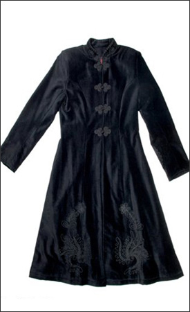 Black Womens 3/4 Length Fitted Velvet Coat with Black Embroidery