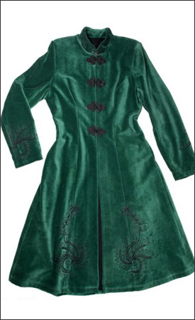 Green Womens 3/4 Length Fitted Velvet Coat with Black Embroidery