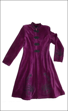 Magenta Womens 3/4 Length Fitted Velvet Coat with Black Embroidery