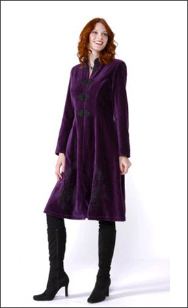 Purple Womens 3/4 Length Fitted Velvet Coat with Black Embroidery