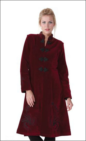 Red Womens 3/4 Length Fitted Velvet Coat with Black Embroidery