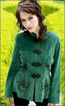Green Womens Velvet Fitted Jacket with Black Embroidery