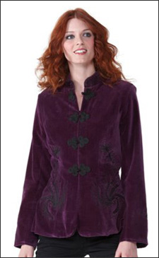 Purple Womens Velvet Fitted Jacket with Black Embroidery