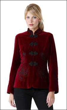 Red Womens Velvet Fitted Jacket with Black Embroidery